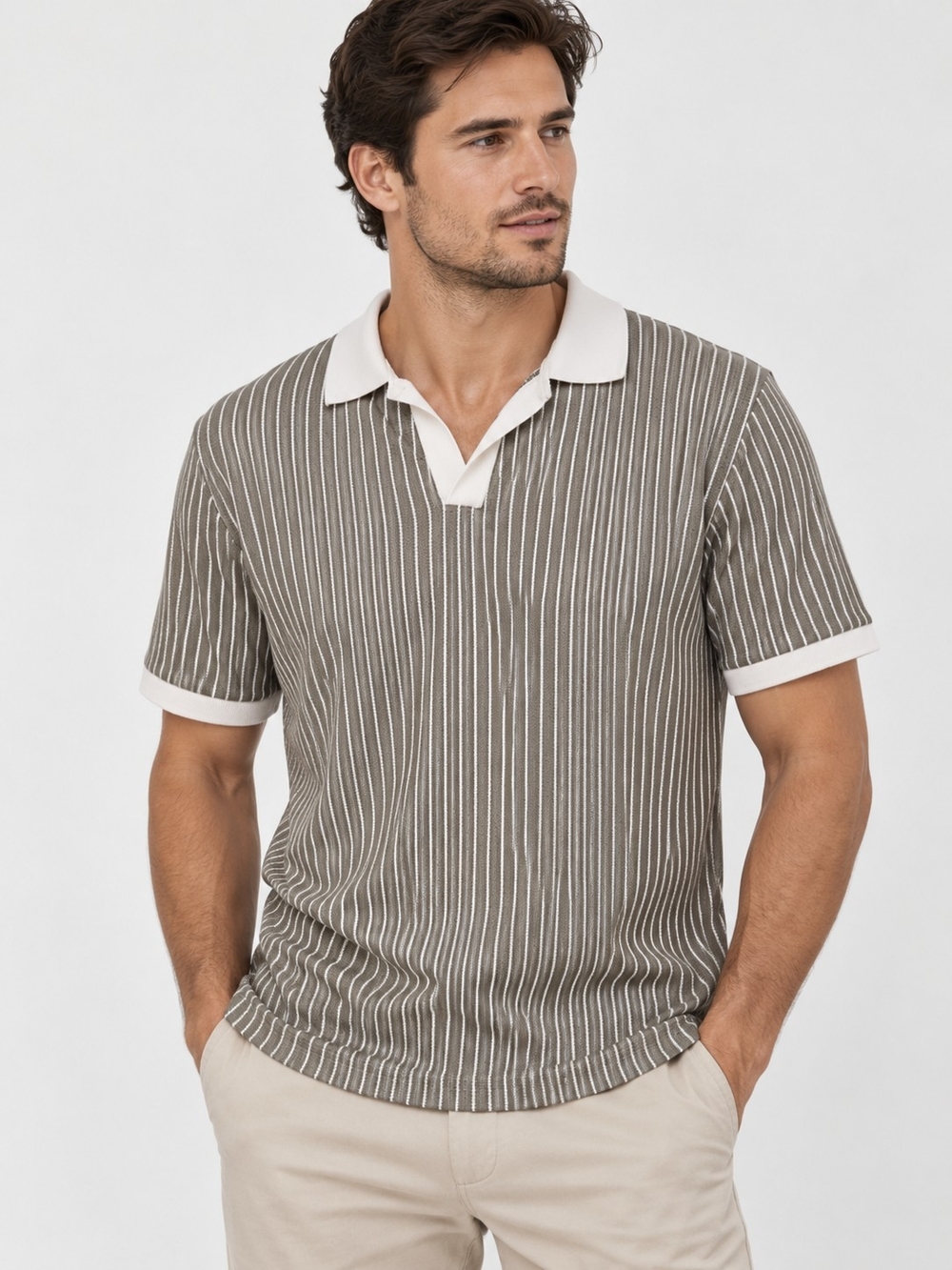 Denim & Flower Taupe and White Vertical Stripe Polo